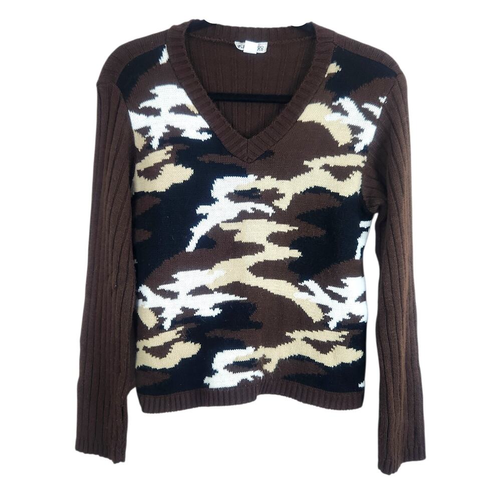 Y2K Vintage Camo Knit Vneck Pullover Sweater Large Brown Long Sleeve Indie Sleaz
